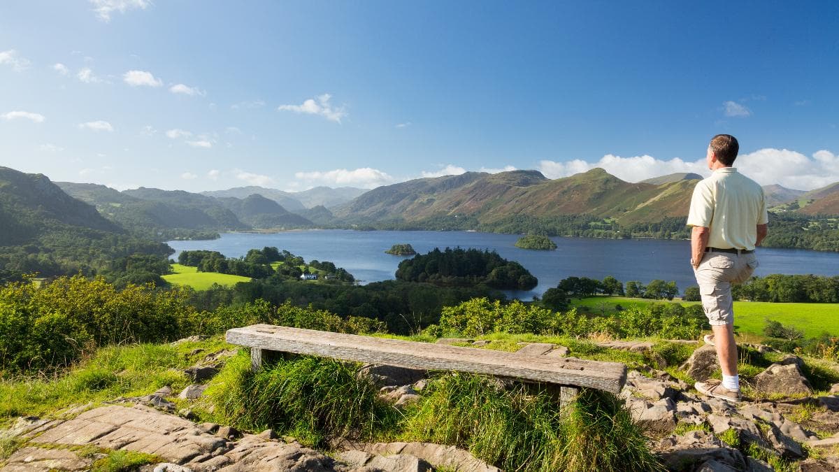 A walker looking out over a lake and green hills in the Lake District